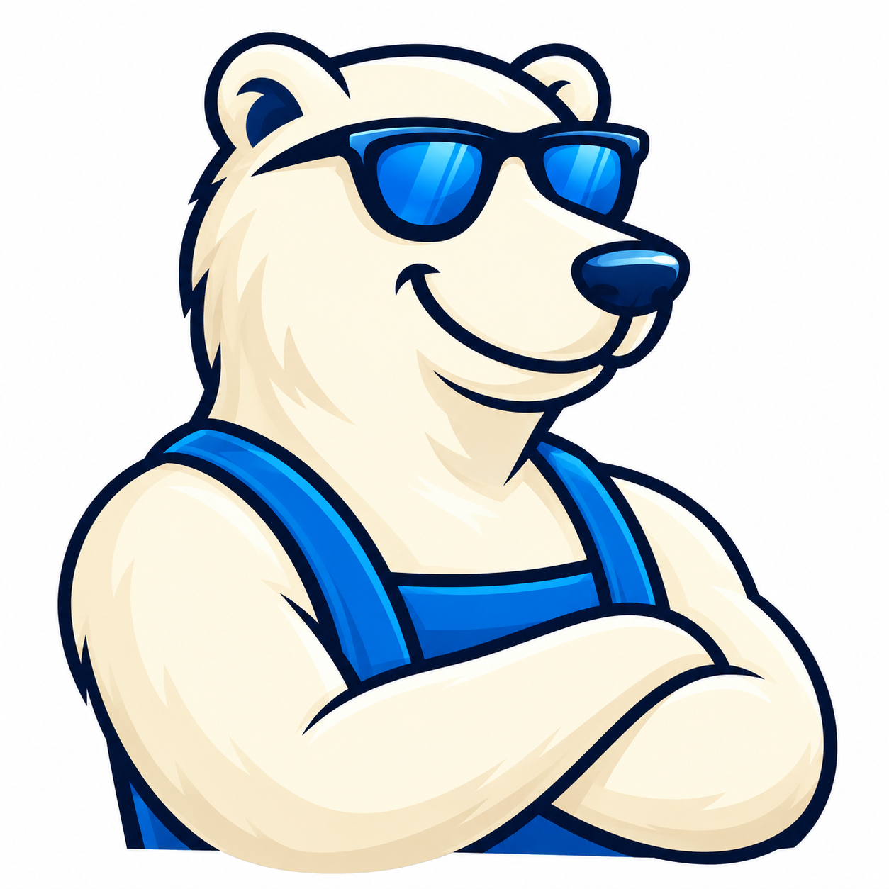 Cool Bear mascot in blue sunglasses and overalls